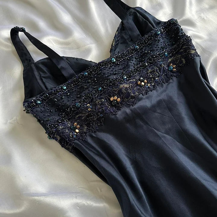 Marineblaues, dunkles, kurzes Vintage-Satin-Heimkehrkleid, nv5352