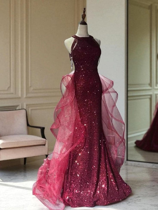 NiceVestidos-Burgundy Gradient Sequin Halter-Neck Tulle Shawl Mermaid Gown NV6223