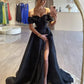 Robe de bal longue noire en satin à épaules dénudées, robe de soirée longue noire nv1501