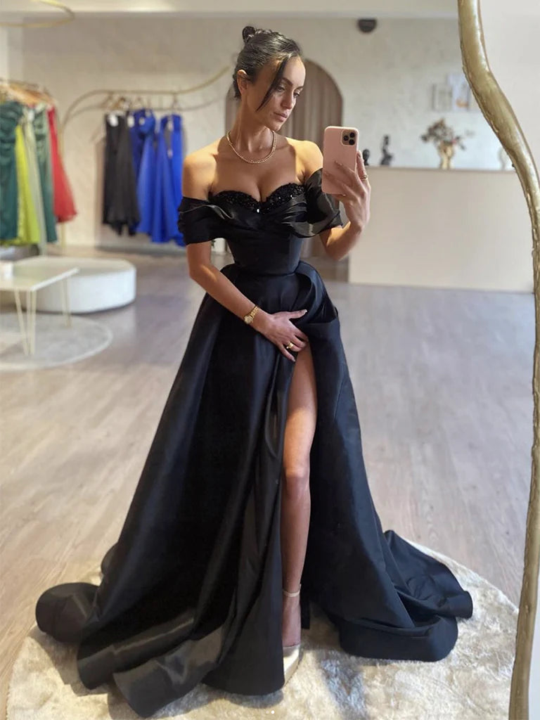 Robe de bal longue noire en satin à épaules dénudées, robe de soirée longue noire nv1501