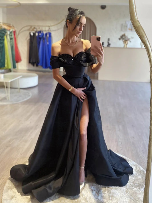 A-Linie, schulterfrei, Satin, langes schwarzes Ballkleid, langes schwarzes Abendkleid nv1501