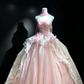 Pink Strapless Ball Gown Satin Bow Lace Corset 3D Floral Lace Overlay Tulle Fairy Prom Dress  NV6944
