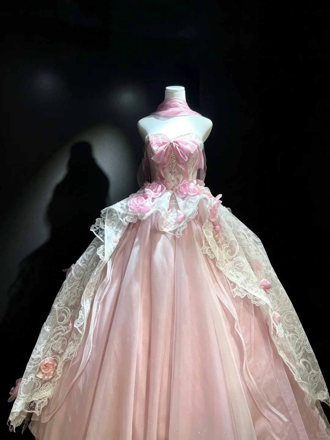 Pink Strapless Ball Gown Satin Bow Lace Corset 3D Floral Lace Overlay Tulle Fairy Prom Dress  NV6944