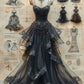 Robe de soirée longue noire à bretelles spaghetti et décolleté en cœur, en dentelle perlée, style rétro, en tulle, nv3764