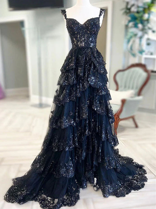 A-Linie, herzförmiger Ausschnitt, Tüll, Pailletten, schwarz, langes Ballkleid, schwarzes Abendkleid nv1468