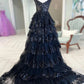 A-Linie, herzförmiger Ausschnitt, Tüll, Pailletten, schwarz, langes Ballkleid, schwarzes Abendkleid nv1468