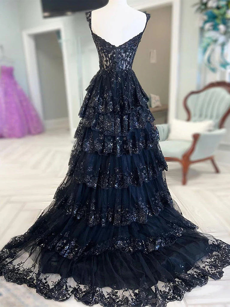 A-Linie, herzförmiger Ausschnitt, Tüll, Pailletten, schwarz, langes Ballkleid, schwarzes Abendkleid nv1468