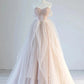 A-Linie, schulterfrei, Tüllspitze, champagnerrosa, langes Ballkleid, langes formelles Spitzenkleid nv1466