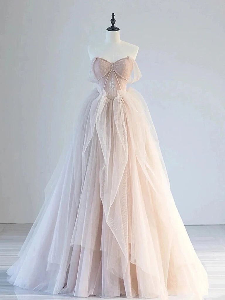 A-Linie, schulterfrei, Tüllspitze, champagnerrosa, langes Ballkleid, langes formelles Spitzenkleid nv1466