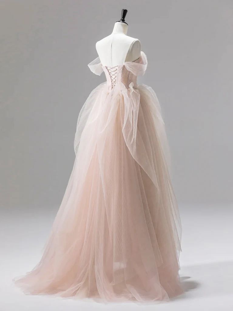 A-Linie, schulterfrei, Tüllspitze, champagnerrosa, langes Ballkleid, langes formelles Spitzenkleid nv1466