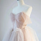 A-Linie, schulterfrei, Tüllspitze, champagnerrosa, langes Ballkleid, langes formelles Spitzenkleid nv1466