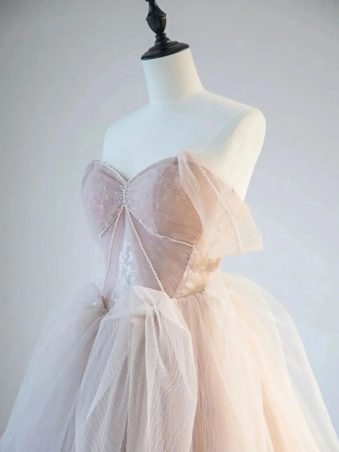 A-Linie, schulterfrei, Tüllspitze, champagnerrosa, langes Ballkleid, langes formelles Spitzenkleid nv1466