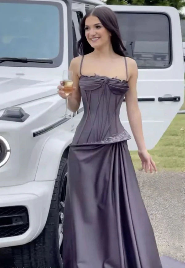 Grau Lila Vintage Mode Spaghettiträger Ärmellos Meerjungfrau Langes Satin Abendkleid Ballkleid nv3807