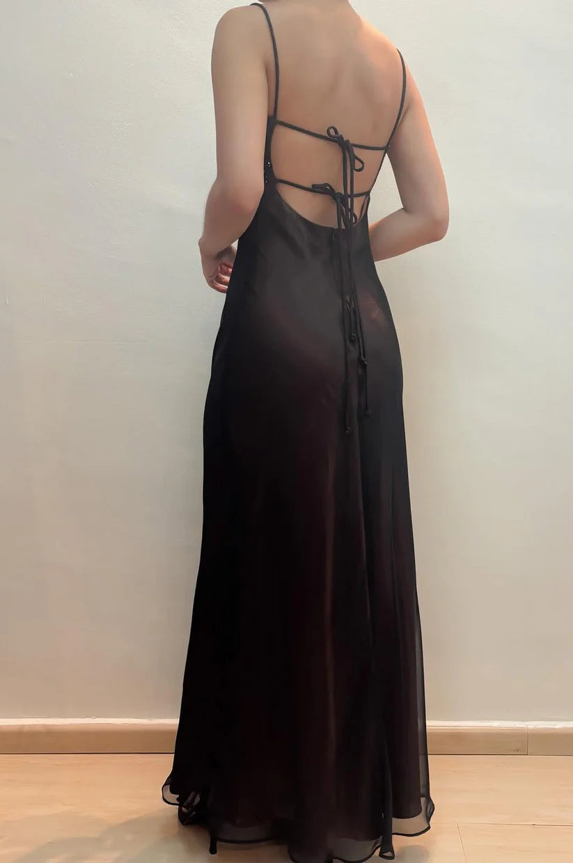 NiceVestidos - Superbe robe de soirée à fleurs et perles, sans manches, en mousseline noire, coupe ajustée, longueur au sol, NV5775