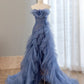 Blue gorgeous elegant strapless long ruffled tulle ball gown evening dress nv3441