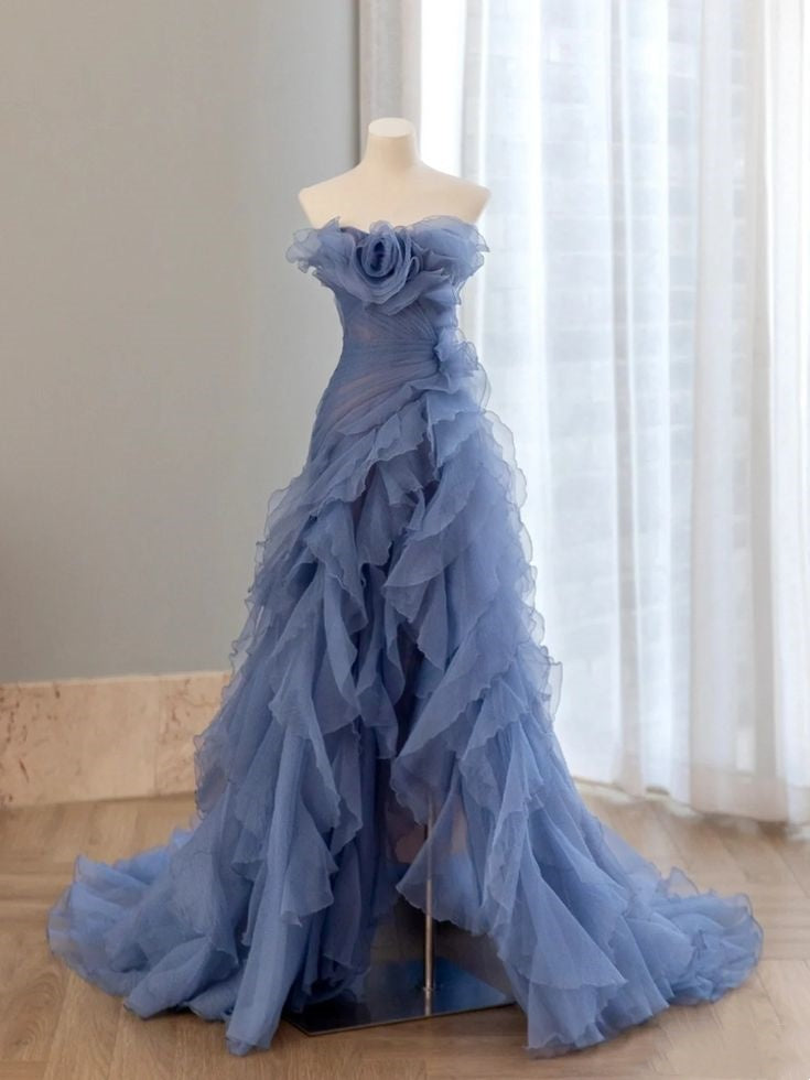 Blue gorgeous elegant strapless long ruffled tulle ball gown evening dress nv3441