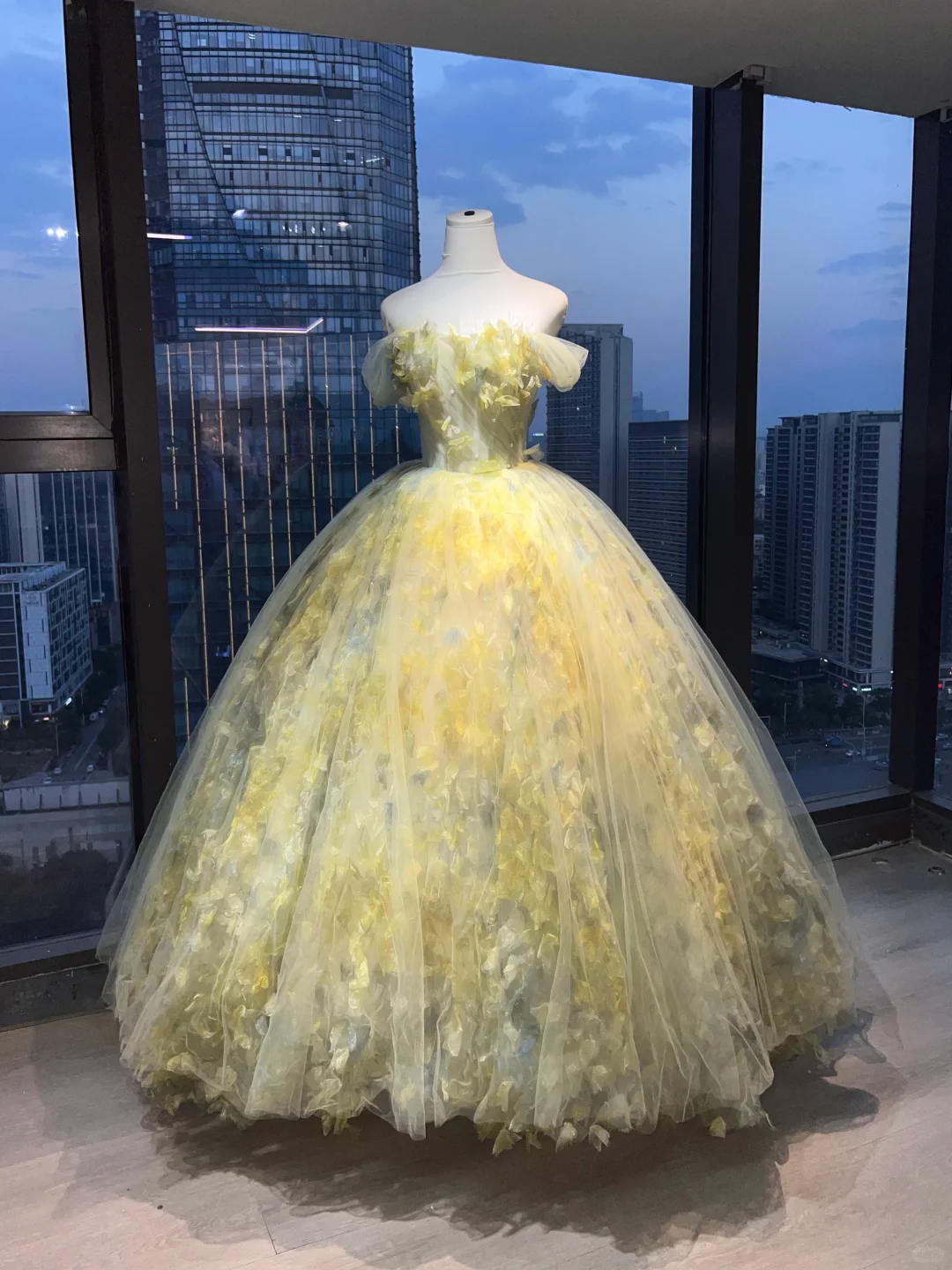 Pale Yellow Off Shoulder Floral Ball Gown, 3D Petal Appliques Tulle Long Formal Evening Prom Dress for Women  NV7036