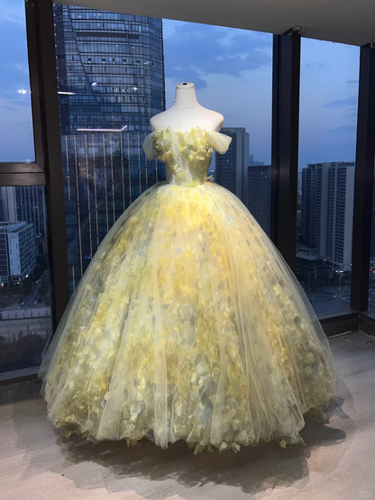 Pale Yellow Off Shoulder Floral Ball Gown, 3D Petal Appliques Tulle Long Formal Evening Prom Dress for Women  NV7036