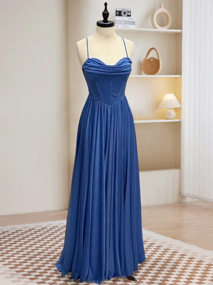 A-Linie, herzförmiger Ausschnitt, langes blaues Ballkleid, rückenfreies, langes blaues Abendkleid nv1608