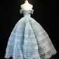Off Shoulder Ice Blue Tulle Prom Dress Corset Bodice Striped Rhinestone Structured Princess Ball Gown  NV6993