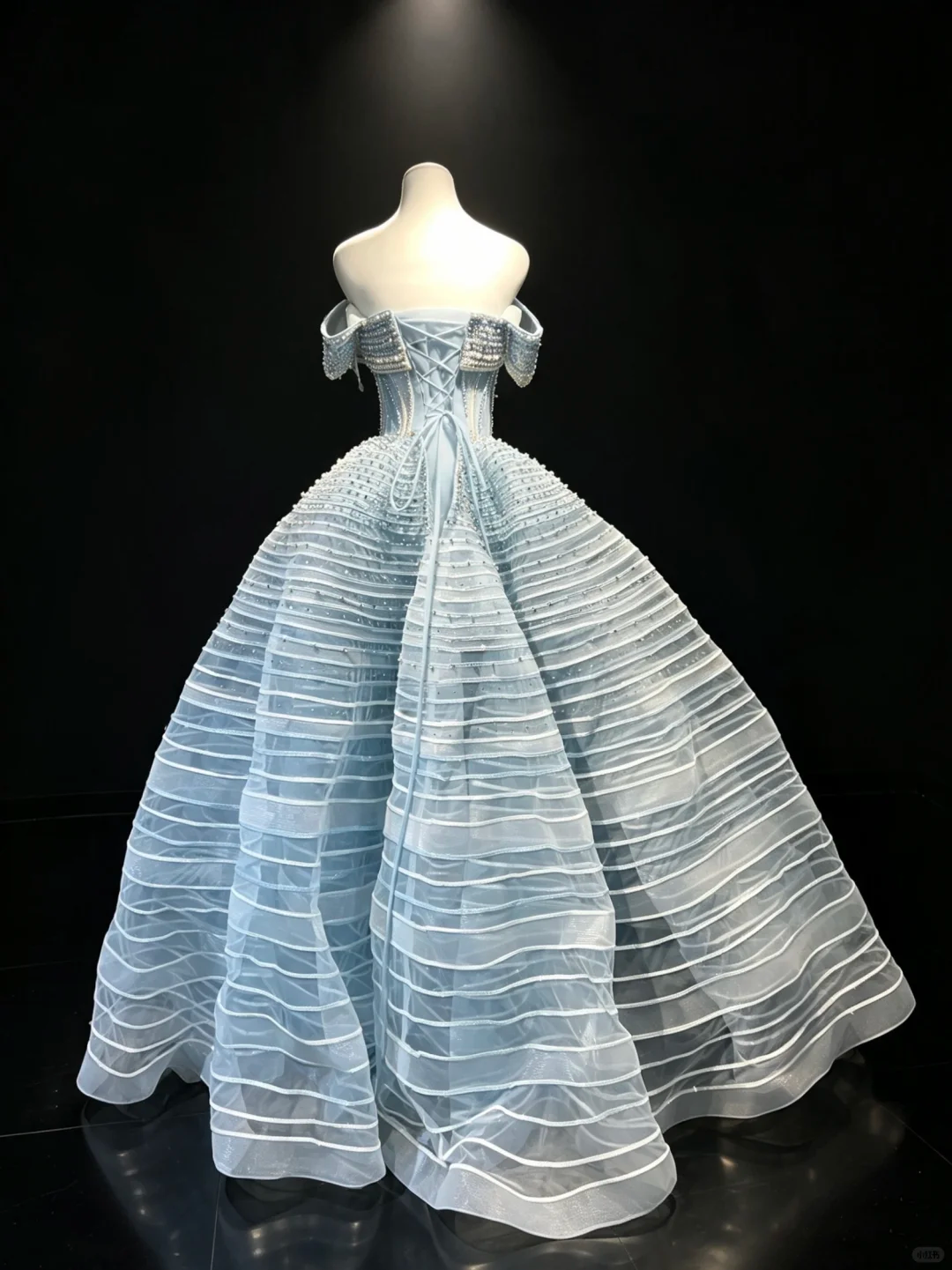 Off Shoulder Ice Blue Tulle Prom Dress Corset Bodice Striped Rhinestone Structured Princess Ball Gown  NV6993