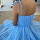 Blue Strap Sequined Midi tulle Prom Dress Evening Dress Homecoming Dress nv2696