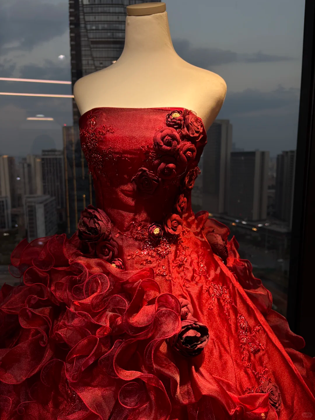 Strapless Burgundy Ball Gown Hand Beaded 3D Rose Ruffle Satin Tulle Prom Dress  NV7040