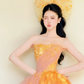 Strapless Orange Pink Ombre 3D Gold Floral Ball Gown Prom Dress  NV7414