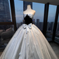 Strapless Black Ice Blue Contrast Ball Gown Velvet Bodice Satin Bow Shiny Tulle Prom Dress  NV7035