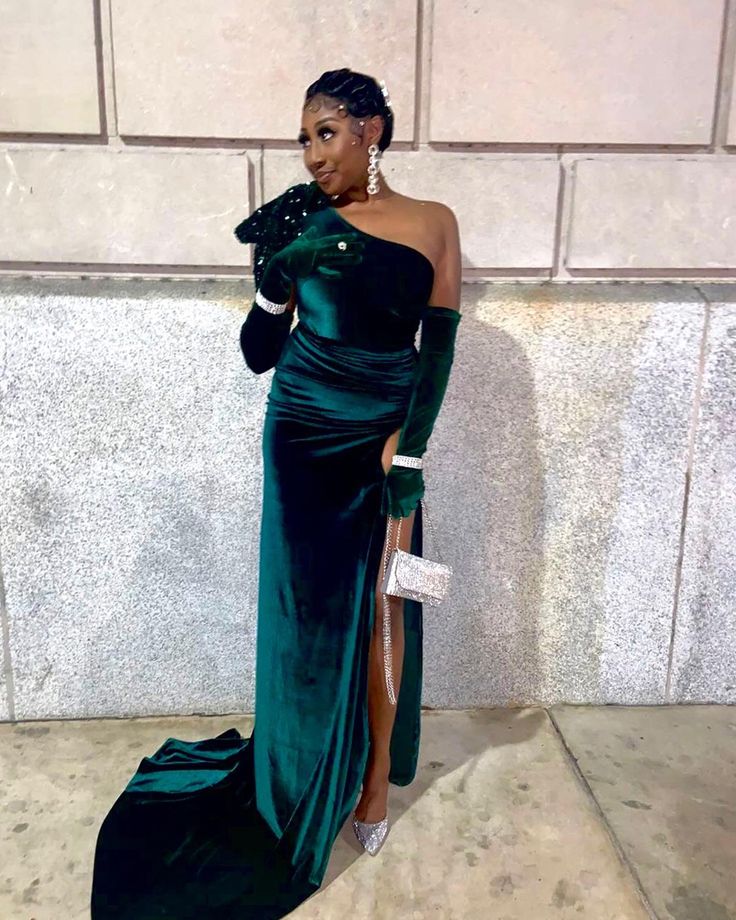 Green fashion one shoulder long velvet sexy slit ball gown evening dress nv3282