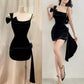 Schwarzes, schlichtes, modisches Spaghettiträger-Kurz-Samt-Homecoming-Kleid, Geburtstagsparty-Kleid, Abendkleid, NV3609