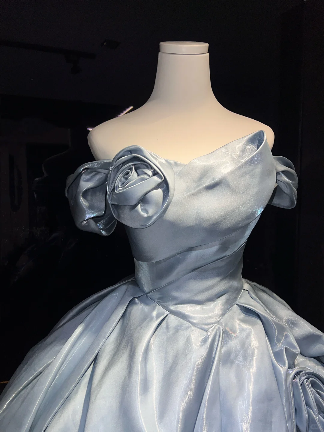 Ice Blue Satin Long Evening Gown Off The Shoulder Puffy Ball Gown with 3D Roses Prom Dress  NV7067