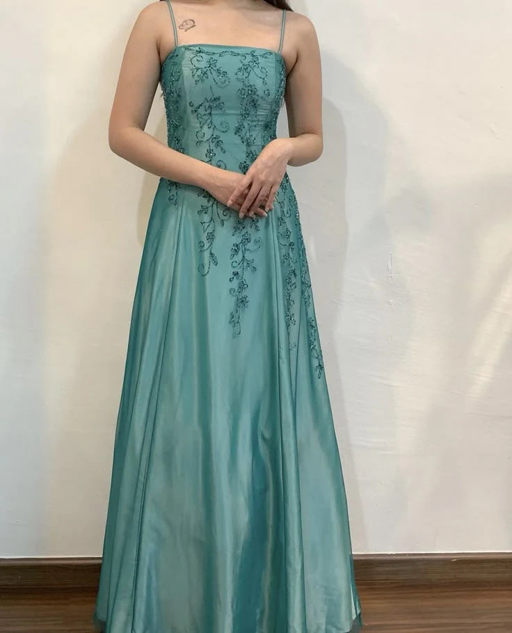 Robe de soirée longue et élégante en satin et tulle, tenue de soirée élégante et charmante, verte, à perles exquises, nv3975