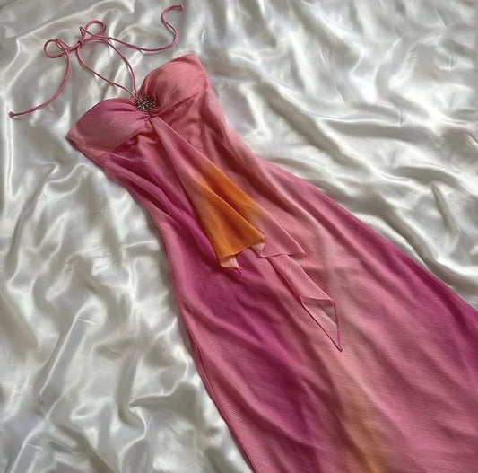 Robe de soirée longue en mousseline de soie, élégante, rose, dégradé, sans bretelles, nv4610