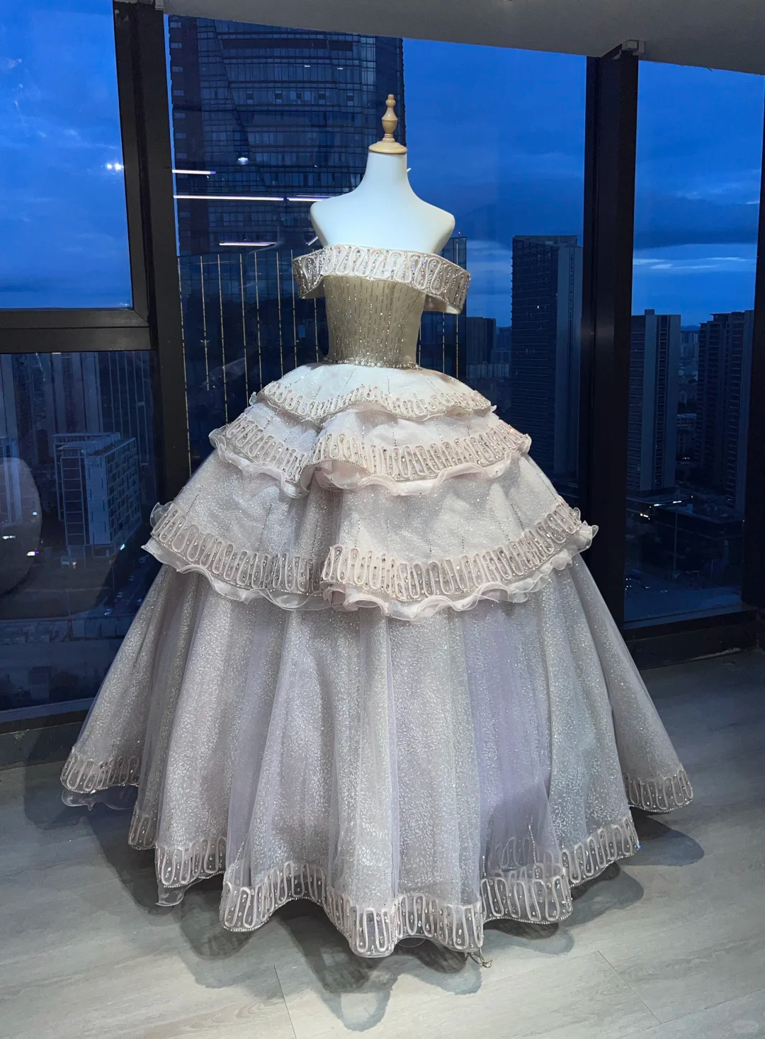 Off Shoulder Light Champagne Ball Gown Hand Beaded Rhinestone Tiered Glitter Tulle Prom Dress  NV7037