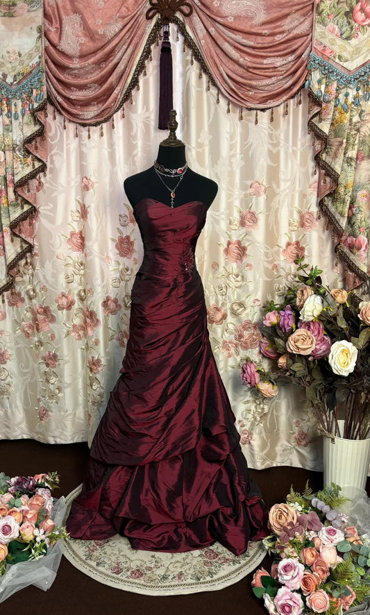 Burgunderrotes, elegantes, langes Retro-Satin-Ballkleid, Abendkleid für Erwachsene, Zeremoniekleid, Geburtstagskleid, nv4200