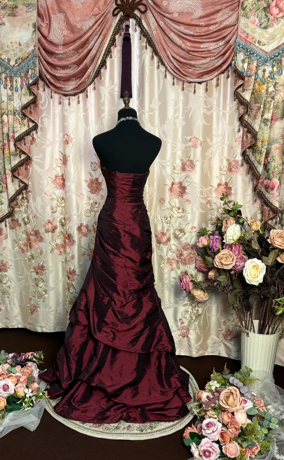 Robe de soirée longue en satin bordeaux, élégante, style rétro, pour adulte, tenue de cérémonie, d'anniversaire, nv4200
