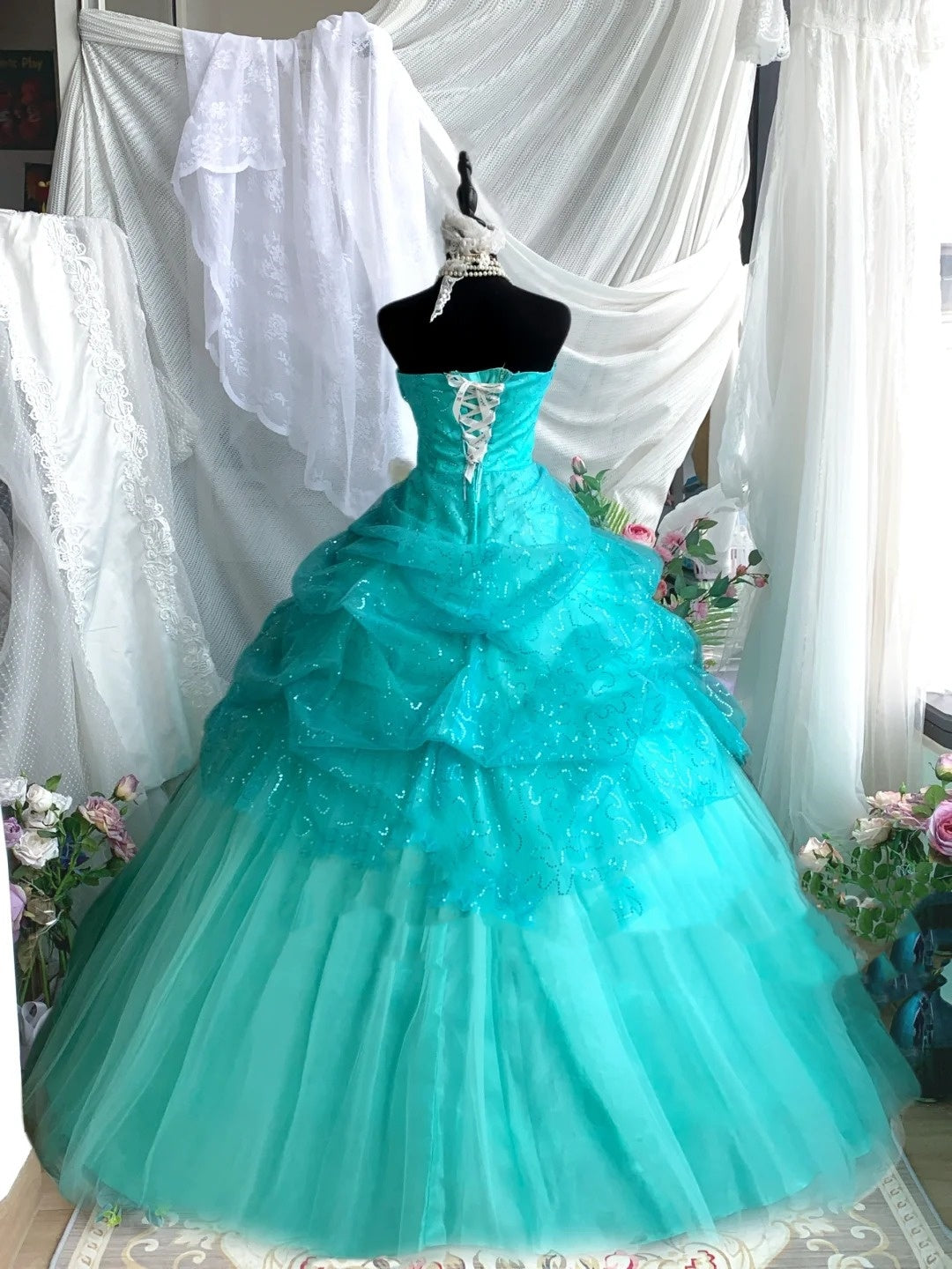 Robe de soirée longue en tulle bleu menthe vert brillant, robe de princesse, robe de fête, robe de bar mitzvah, robe d'anniversaire, nv4198