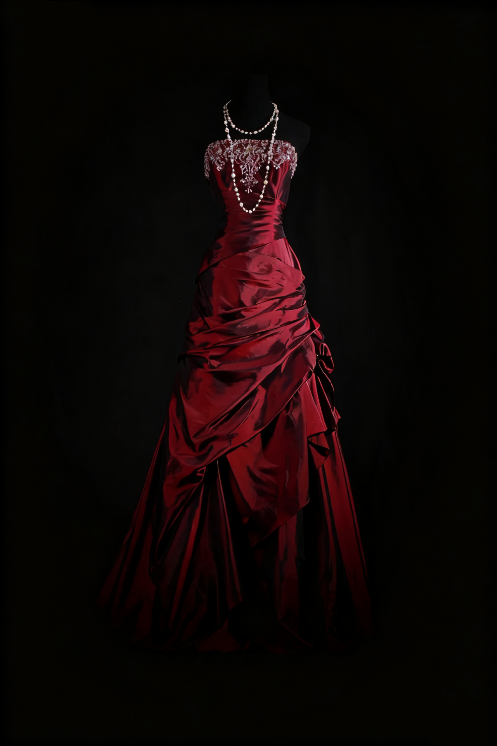 NiceVestidos – Vintage Burgunderrot, exquisites, perlenbesetztes Satin-Plissee-Langballkleid, Abschlusskleid NV5859