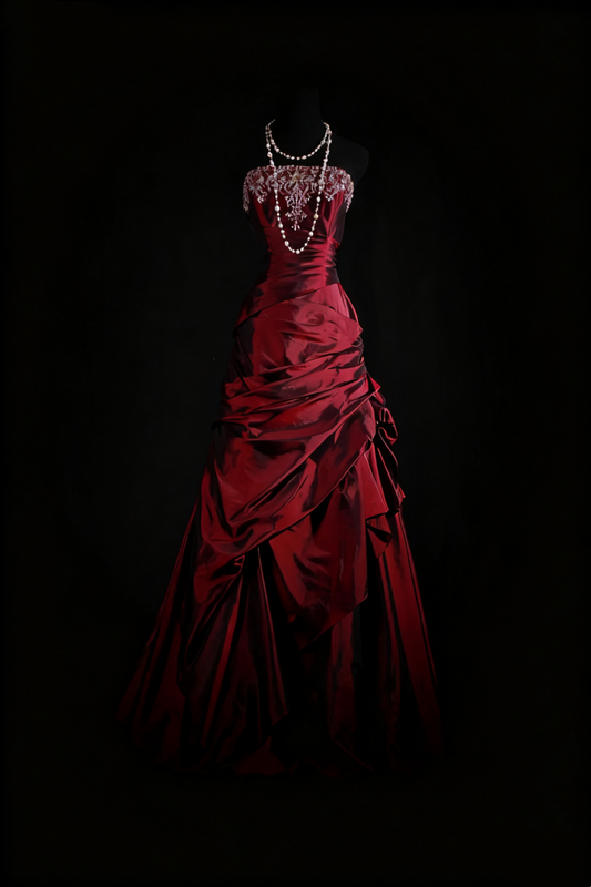NiceVestidos – Vintage Burgunderrot, exquisites, perlenbesetztes Satin-Plissee-Langballkleid, Abschlusskleid NV5859