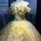 Pale Yellow Off Shoulder Floral Ball Gown, 3D Petal Appliques Tulle Long Formal Evening Prom Dress for Women  NV7036