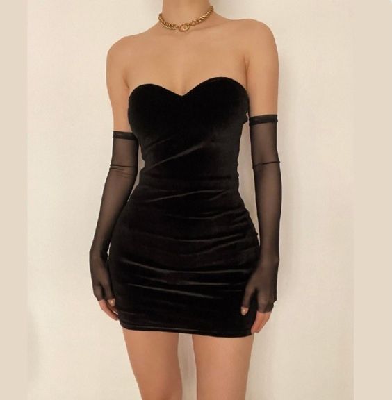 Schwarzes, schlichtes, modisches Samtkleid mit herzförmigem Ausschnitt, kurzes Minikleid für die Heimkehr und Party, NV2787