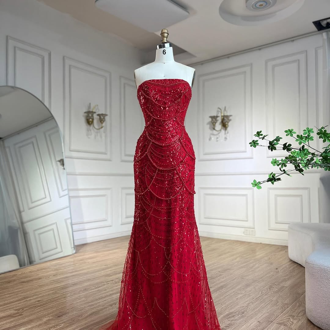 Red gorgeous exquisite beaded long tulle floor-length elegant ball gown evening dress nv3392