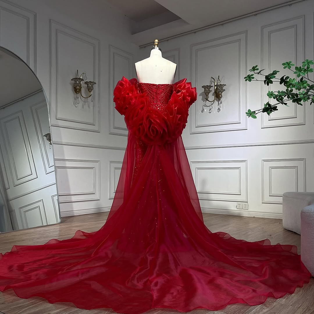 Red gorgeous exquisite beaded long tulle floor-length elegant ball gown evening dress nv3392