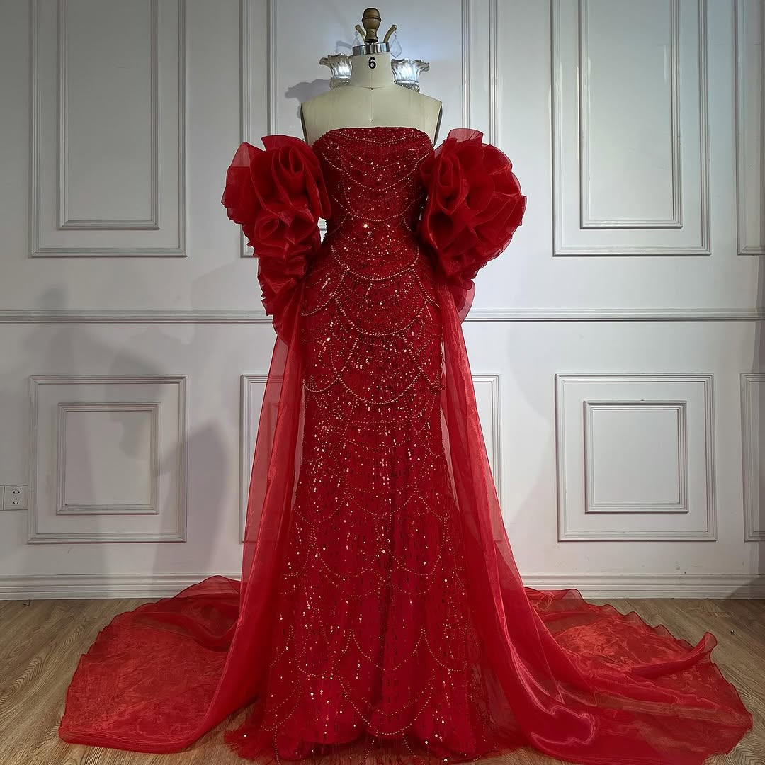 Red gorgeous exquisite beaded long tulle floor-length elegant ball gown evening dress nv3392