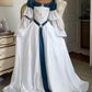 Retro-Ballkleid im Hofstil, weiß-blau kontrastierend bestickt, schulterfrei – Mittelalter-Mottoparty- und Cosplay-Kleid NV6389