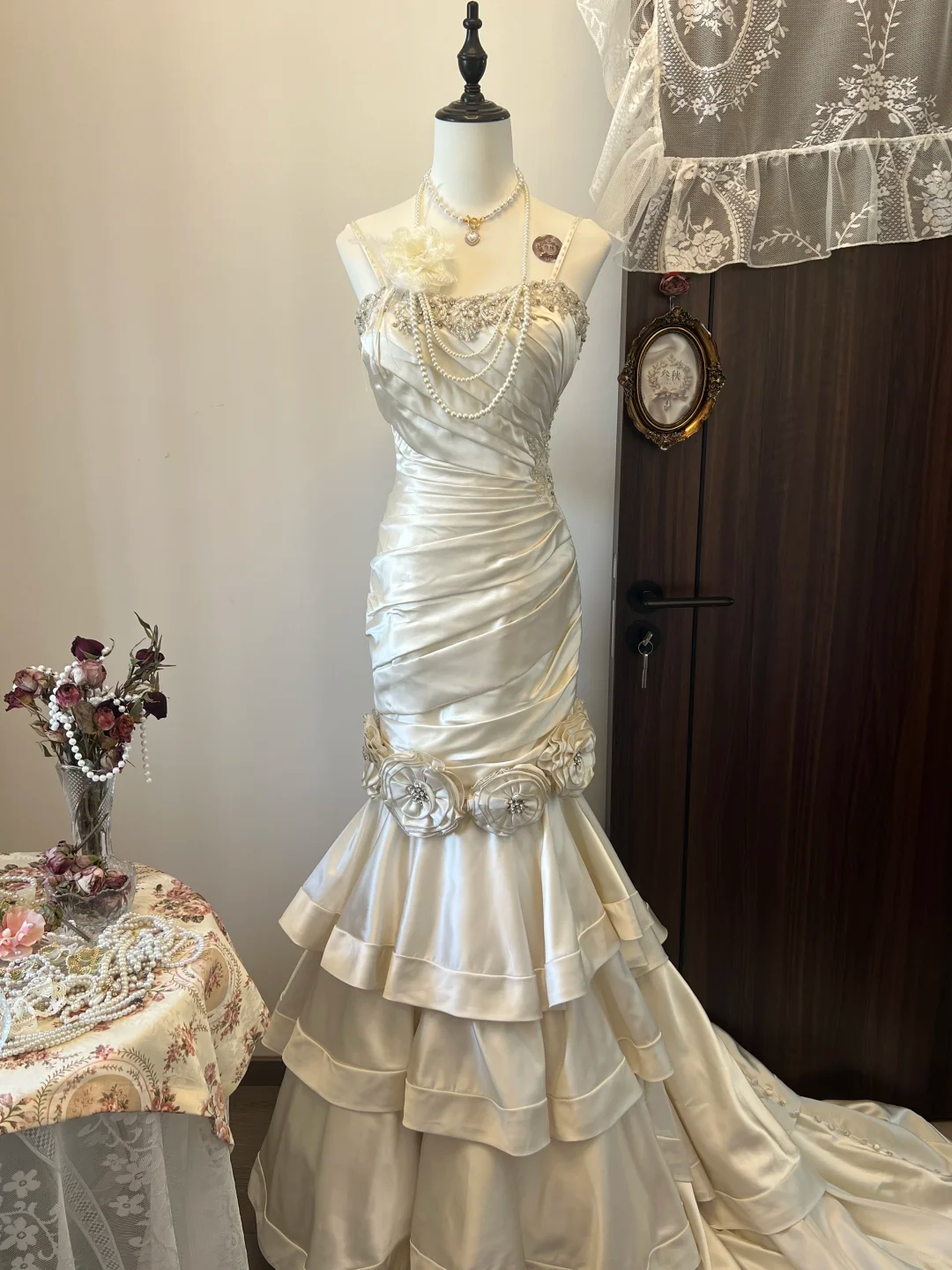 Robe de mariée longue en satin blanc ivoire à fleurs et perles, robe de soirée, nv4216