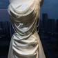 Strapless White Satin Mermaid Wedding Gown Draped Pearl Chains Ruched Skirt Long Train Formal Evening Dress  NV6981