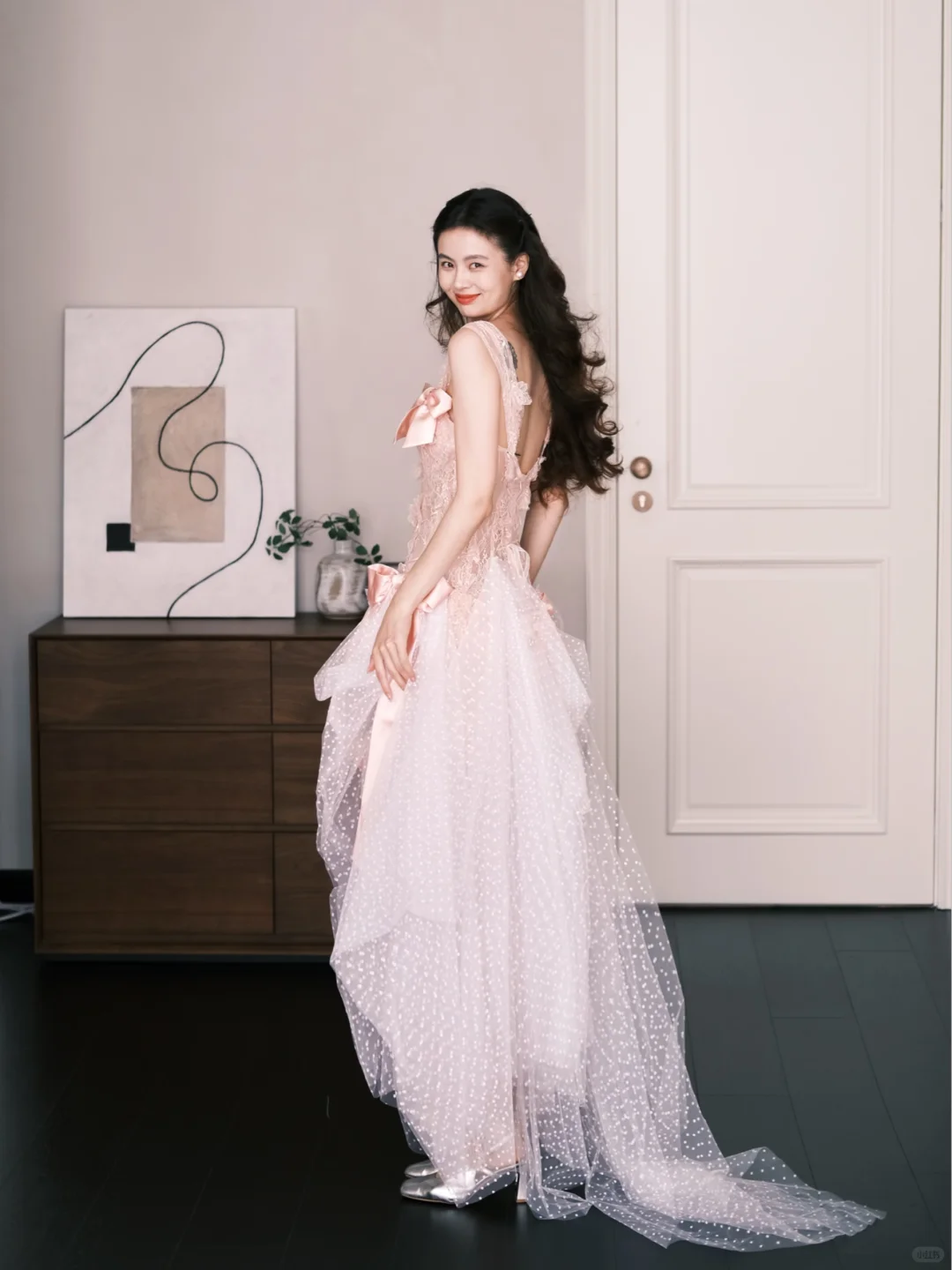 Blush Pink Polka Dot Tulle Lace Formal Dress Spaghetti Strap Bow Gown  NV7259