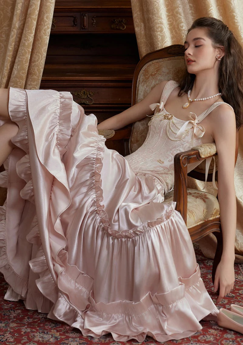 Pink Gorgeous Elegant Sweet Gem Bow Long Satin Princess Ball Gown Evening Dress nv2767